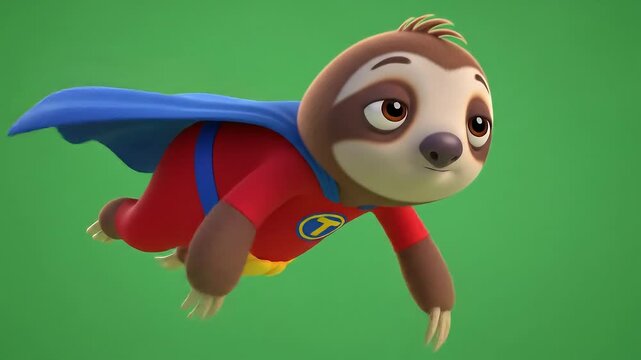 Superhero Sloth Soars: Animated Adventure on Green Screen Background.
