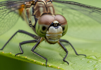 "Macro close-up of a dragonfly on a green leaf with detailed brown compound eyes, textured face, sharp legs, and delicate wings – ideal for nature, science, biology, wildlife, and insect photography"