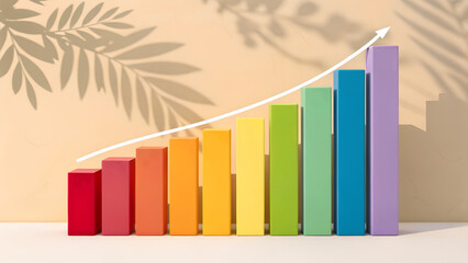 Colorful ascending bar graph with white arrow and leaf shadows – Growth, Data, Strategy, Progress, Analytics, Conceptual