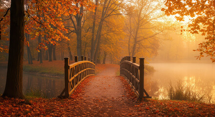 Autumn scenery in foggy morning, lake bridge in fall forest gold woods