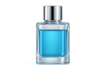Elegant glass perfume bottle containing light blue liquid, silver cap gleaming, resting on transparent surface, highlighting delicate fragrance design