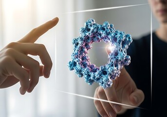 An innovative image featuring human hands interacting with a vibrant blue and purple 3D molecular structure on a transparent display, symbolizing advanced biotech research and digital innovation.