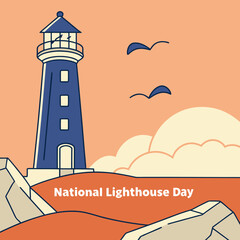 Tall blue lighthouse illustration with clear sky and calm sea