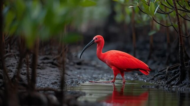 A scarlet ibis wading in shallow water with dark mud and mangrove roots in the background