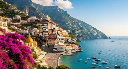 Naklejka premium Photo of picturesque coastal town with colorful houses cascading down a cliffside overlooking the blue sea