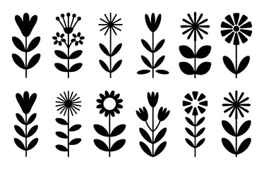 Collection of Black and White Stylized Floral Silhouettes