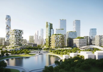 Fototapeta premium A stunning 3D render of a futuristic sustainable city with modern green architecture, lush parks, and a serene lake under a clear sky. Eco-friendly urban design.
