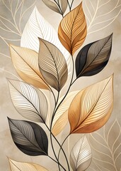 Modern Decorative Leaf Illustration with Gold and Beige Accents