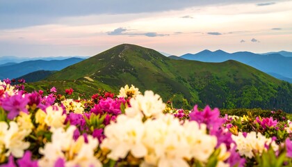 Obraz premium A vibrant display of wildflowers, vibrant colors, and a majestic mountain range at sunset.