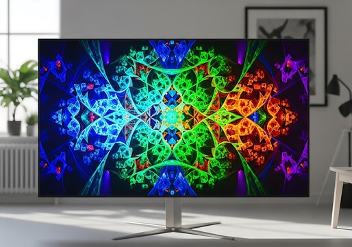 An immersive view of a glowing, abstract fractal design featuring vibrant hues of blue, green, orange, and purple, shown on a wide screen in a well-lit modern home office. - Powered by Adobe
