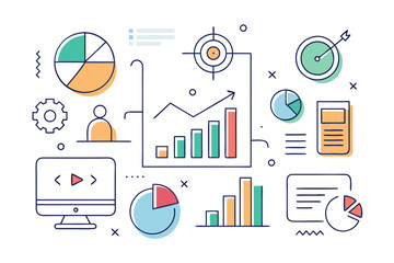 Fototapeta premium Dynamic business data visualization showing growth, success, and strategic planning with charts, graphs, and a target for financial achievement