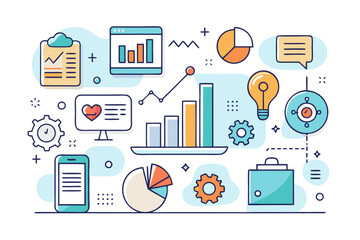 Modern business and marketing concept with charts, graphs, and data analysis icons for presentations, reports, and digital content, conveying growth and success