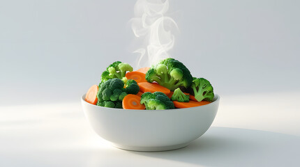 Minimal Flat Illustration of Steaming Bowl with Boiled Broccoli and Carrots, Healthy Food Clipart, Clean Isolated Vector, Balanced Diet Concept