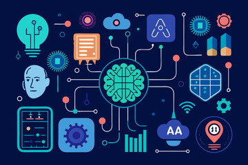 Artificial intelligence network with brain concept, data processing, cloud computing, and innovative ideas connecting smart devices and information technology with a vibrant, modern design