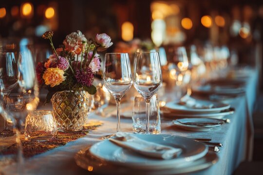 Elegant table set up for a romantic dinner. Concept of catering, hospitality and private dining. Selective focus on the glassware. MZ 