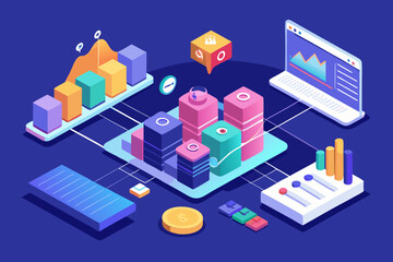 Obraz premium Modern isometric illustration showcasing business data analysis, financial growth charts, and digital marketing strategies for successful campaigns and presentations