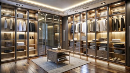 stylish walk-in closet interior with glass wardrobe and spotlights.