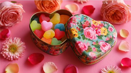 Colorful heart-shaped candies in a floral tin box surrounded by vibrant roses and flower petals on a pink background for Valentine's Day celebrations