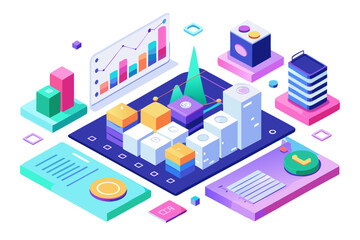 Obraz premium Dynamic isometric data visualization showcasing business growth, analytics, and digital transformation, ideal for modern tech and finance presentations