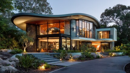 Fototapeta premium Stunning Modern Architectural Masterpiece Surrounded by Lush Landscape at Dusk with Warm Light Illuminating the Elegant Design Elements