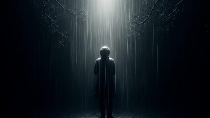 Lonely figure silhouetted by bright beams in dark forest suitable for mystical book cover or suspenseful blog post.