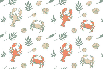 Obraz premium Seafood seamless pattern with lobster, crab, and shell.