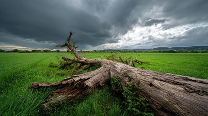 Fallen tree in a grassy field under a stormy sky