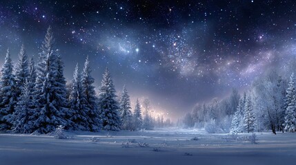 Wintry landscape of a snow-covered forest under a starry night sky.