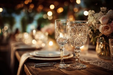 Elegant table set up for a romantic dinner. Concept of catering, hospitality and private dining. Selective focus on the glassware. MZ 