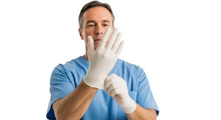 Male Medical Professional Donning Protective Gloves on White Background