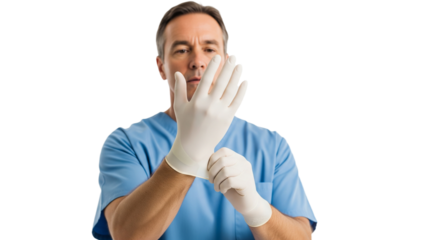 Male Medical Professional Donning Protective Gloves on White Background