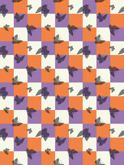 Checker board, cute butterfly silhouette seamless pattern. Decorative geometrical grid. Colourful Halloween vintage colour palette. Graphic classical design, ornamental background. Vector illustration