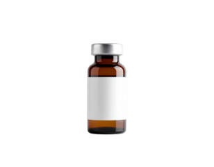A small silver metallic cap amber vaccine bottle mockup with isolated on a transparent background.