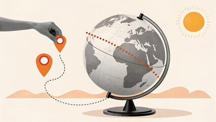 Hand placing location marker on globe with dotted travel path and sun – Global Navigation, Travel, Abstract, Connection, Exploration, Journey