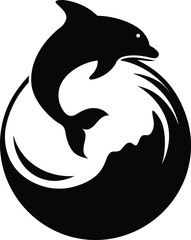 Black silhouette of a leaping dolphin in a circular wave isolated on white background