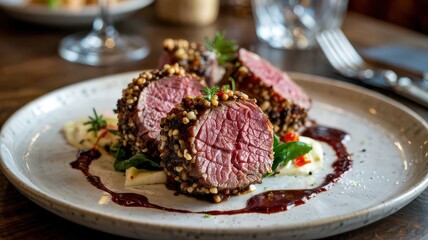Horseradish crusted beef tenderloin medallions with peppercorn crust on white plate, medium rare slices with dark reduction sauce and herb garnish, fine dining presentation