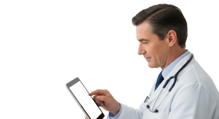 Professional Male Doctor in White Coat Using Digital Tablet for Modern Healthcare Management