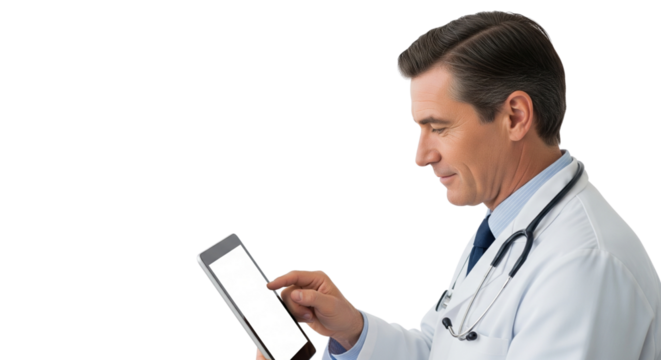Professional Male Doctor in White Coat Using Digital Tablet for Modern Healthcare Management - Powered by Adobe