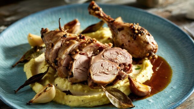 Roasted guinea fowl with sliced breast meat served on blue ceramic plate with creamy puree and roasted garlic cloves