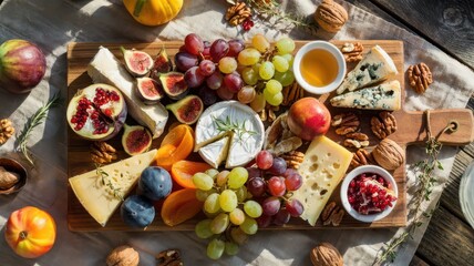 Autumn harvest grazing board with fresh figs, grapes, artisanal cheeses, nuts, honey and seasonal fruits on rustic wooden surface