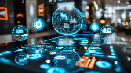 Hyper realistic holographic control table displays glowing data visualizations and interactive elements, creating futuristic atmosphere. scene is vibrant and engaging, showcasing advanced