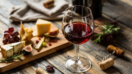 Fototapeta premium Wine glass filled with red wine on wooden table with artisanal cheese board featuring grapes, figs and herbs in natural lighting