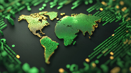 World map visualization in green and gold colors, showcasing digital matrix design with futuristic feel. intricate details create captivating and modern representation of global connectivity