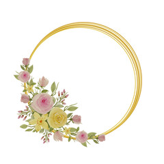 Beatiful pinkrose flower frame with green leaves with water color