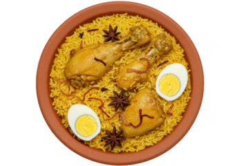 Delicious chicken biryani with boiled eggs and star anise isolated on transparent background