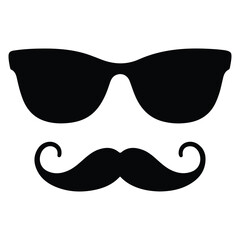Black silhouette of sunglasses and mustache isolated on white background