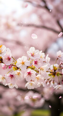 Obraz premium A close-up view of delicate pink and white cherry blossoms blooming on a branch, with petals gently falling in the soft sunlight of spring.