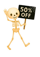 Cute Halloween Skeleton with Sign Watercolor Illustration, Spooky Skull Character Holding Banner for Promotion