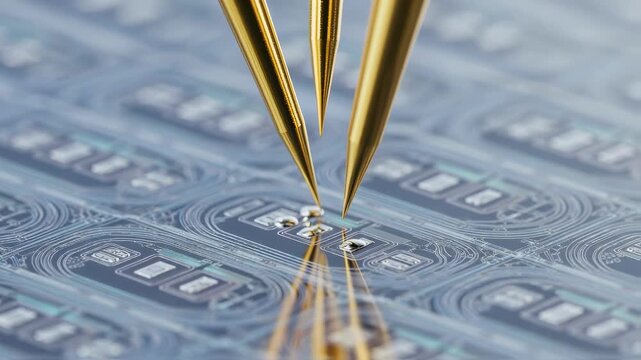 Extreme closeup of probe tips making contact with waveguide pads on a photonic integrated circuit wafer during optical performance evaluation.