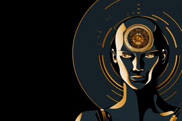 Golden line robot head illustration on a black background  futuristic design concept